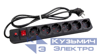 Удлинитель с сетевым фильтром 6х5м с заземл. 10А IP20 ПВС 3х0.75 защ. шторки черн. UNIVersal 967U-4005