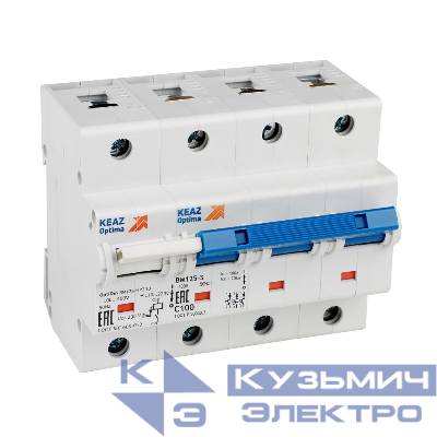 Выключатель автоматический модульный 3п D 100А 10кА OptiDin BM125-3D100-НР-14ln-УХЛ3 с независимым расцепителем КЭАЗ 336381