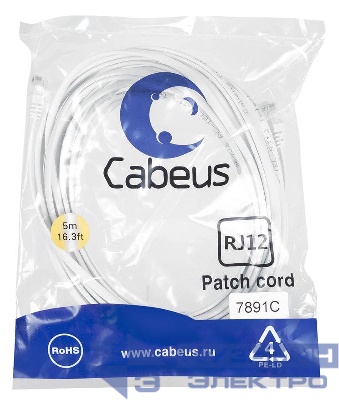Патч-корд телефонный PC-TEL-RJ12-5m 2х6р4с PVC 5м бел. Cabeus 7891c