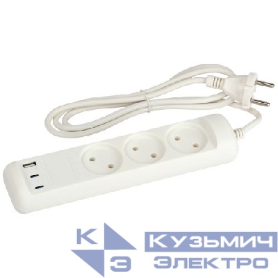 Удлинитель электрический U-3-1.5m-USB-W 3 розетки + 3xUSB A+C 1.5м 10А бел. Эра Б0069075
