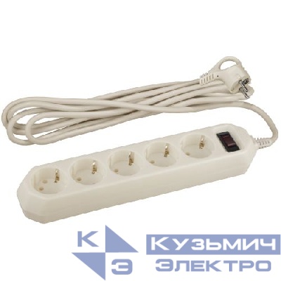 Удлинитель с сетевым фильтром 5х3м с заземл. 10А IP20 USF-5es-3m-I ПВС 3х0.75 с выкл. сл. кость Эра Б0019035