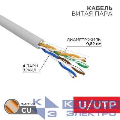 Кабель витая пара U/UTP кат.5E 4х2х24AWG LSZH нг(А)-HF INDOOR SOLID сер. (305м) (м) PRO Rexant 02-0004