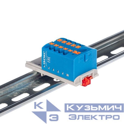 Блок распределительный с вертикал. адаптером на рейки шир. 15/35мм зажим push-in 1 ввод 6кв.мм 10 точек подключения 2.5кв.мм син. DKC DTP1-110-104SPUB-V