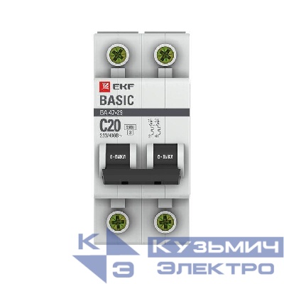 Выключатель автоматический модульный 2п C 20А 4.5кА ВА 47-29 Basic EKF mcb4729-2-20C