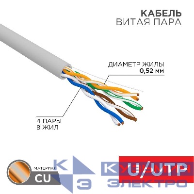 Кабель витая пара U/UTP кат.5E 4х2х0.52 24AWG PVC INDOOR SOLID сер. РФ (305м) Rexant 02-0005-R