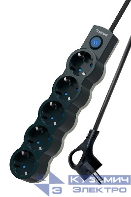 Удлинитель 5х1.5м с заземл. 10А IP20 2200Вт 220В защ. шторки ПВС 3х1 с выкл. черн. КОСМОС YKsm1.5m-5g-Z-V10A-B