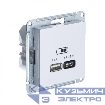 Розетка USB AtlasDesign тип A+C 45Вт QC PD высокоскор. ЗУ механизм бел. SE ATN000129