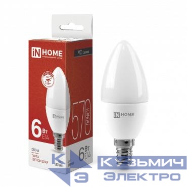 Лампа светодиодная LED-СВЕЧА-VC 6Вт свеча 4000К нейтр. бел. E14 570лм 230В IN HOME 4690612020396