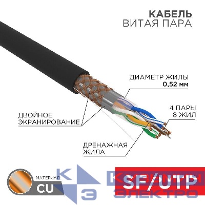 Кабель витая пара SF/UTP кат.5e 4х2х0.51 24AWG solid PE OUTDOOR медь наружн. прокл. черн. (м) Rexant 01-0344