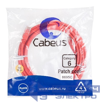 Патч-корд U/UTP кат.6 PC-UTP-RJ45-Cat.6-5m-RD 2xRJ45/8p8c неэкранир. PVC 5м красн. Cabeus 8695c