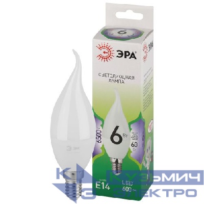 Лампа светодиодная GREEN LINE BXS-6W-865-E14 GL 6Вт свеча на ветру 6500К свет холод. E14 Эра Б0067113