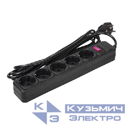 Удлинитель с сетевым фильтром 5х3м с заземл. 10А IP20 FOP-05GS-300 2.2кВт ПВС 3х0.75 с выкл. черн. ФАZА 5007642