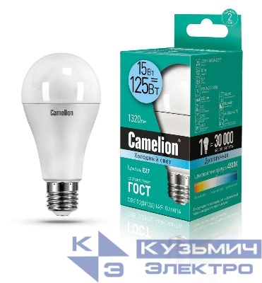 Лампа светодиодная LED15-A60/845/E27 15Вт грушевидная 4500К E27 1320лм 220В бел. Camelion 12186