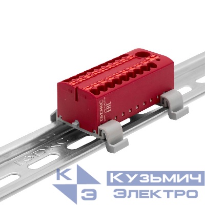 Блок распределительный с горизонт. адаптером на рейку шир. 35мм зажим push-in 1 ввод 6кв.мм 18 точек подключения 2.5кв.мм красн. DKC DTP1-118-104SPUR-H