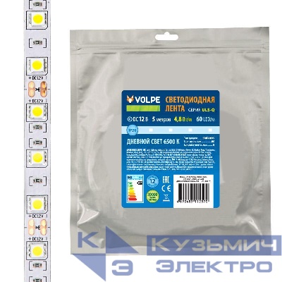 Лента светодиодная гибкая ULS-Q320 2835-60LED/m-8mm-IP20-DC12V-4.8Вт/m-5M-6500K на самоклеящейся основе (уп.5м) Volpe UL-00004537