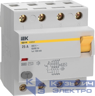 Выключатель дифференциального тока (УЗО) 4п 25А 100мА 6кА тип AC ВД3-63 KARAT IEK MDV20-4-025-100