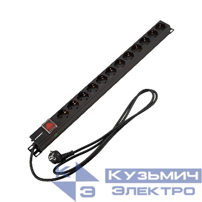 Блок распределения питания PDU 12 розеток СЕЕ 7/4 Schuko 16А выкл. вилка СЕЕ 7/7 вертикал. шнур 2м корпус алюм. Rexant 04-0204-2