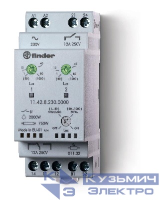 Фотореле модульное с фотоэлементом 011.02 монтаж на рейку 35мм 1CO + 1NO 12А (2 канала) 230В AC 1…80люкс 20…1000люкс 35мм фотореле IP20/фотоэлемент IP54 FINDER 114282300000