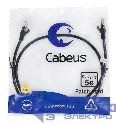 Патч-корд U/UTP кат.5E PC-UTP-RJ45-Cat.5e-1m-BK 2xRJ45/8p8c неэкранир. PVC 1м черн. Cabeus 7676c