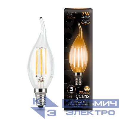 Лампа светодиодная филаментная Black Filament 7Вт свеча на ветру 2700К тепл. бел. E14 550лм GAUSS 104801107