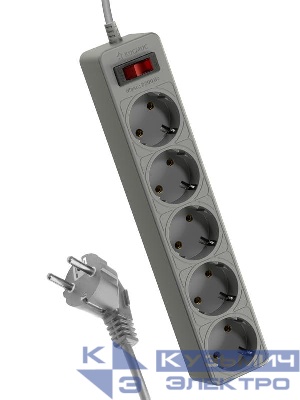 Удлинитель с сетевым фильтром 5х3м с заземл. 10А IP20 2.2кВт ПВС 3х0.75 с выкл. с индикатором сети сер. КОСМОС FKsm3m-5g(G)