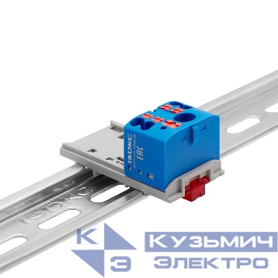 Блок распределительный с вертикал. адаптером на рейки шир. 15/35мм зажим push-in 1 ввод 6кв.мм 4 точки подключения 2.5кв.мм син. DKC DTP1-104-104SPUB-V