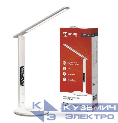 Светильник настольный светодиодный ССО 18Б 12Вт 3-6.5К 600лм сенсор-диммер часы темп. беспроводн. зарядка с адаптером бел. IN HOME 4690612041056