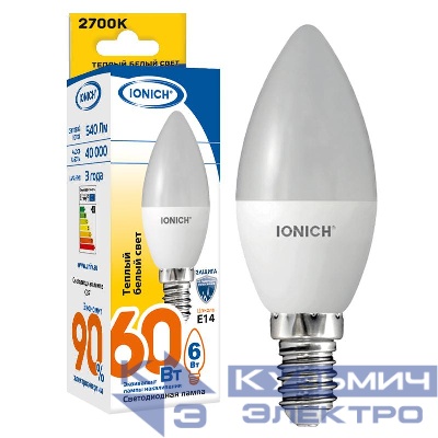 Лампа светодиодная ILED-SMD2835-C37-6-540-230-2.7-E14 C37 6Вт Свеча 2700К тепл. бел. Е14 230В IONICH 1630