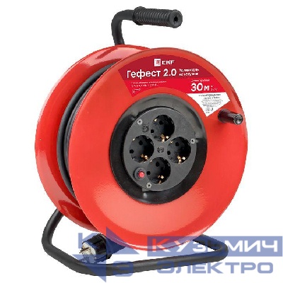 Удлинитель на катушке 4х30м с заземл. 16А IP20 Гефест 2.0 3.5кВт КГ 3х1.5 с предохранителем PROxima EKF UKG02-16-R315-4-30
