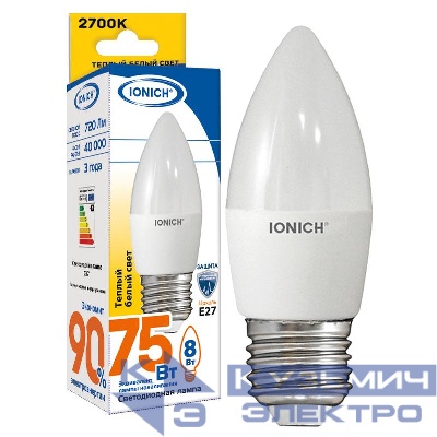 Лампа светодиодная ILED-SMD2835-C37-8-720-220-2.7-E27 (1304) IONICH 1537