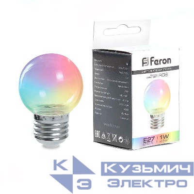 Лампа светодиодная LB-37 1Вт G45 шар прозрачная E27 230В RGB плавная смена цвета FERON 38132