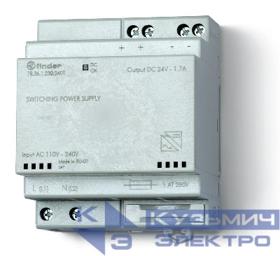 Источник питания импульсный вход 110...240В AC / выход 24В DC 36Вт модульный 70мм предохранитель входой цепи IP20 FINDER 783612302401