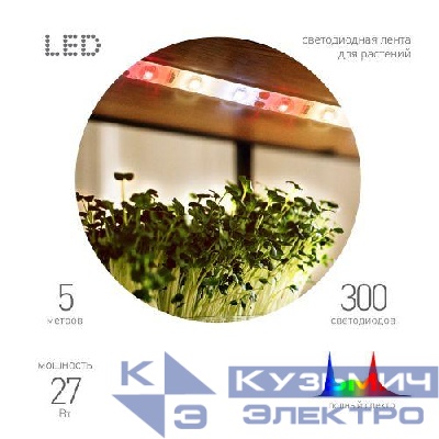 Лента светодиодная FITO-Strip Light-Rа90-300LED-5m-12V-IP65 5м IP65 для растений полноспектральная с адаптером 12В Эра Б0064591
