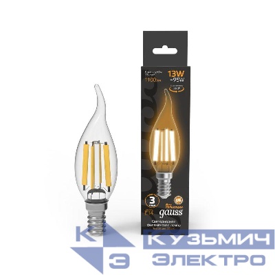 Лампа светодиодная филаментная Black Filament 13Вт свеча на ветру 2700К тепл. бел. E14 1100лм GAUSS 104801113