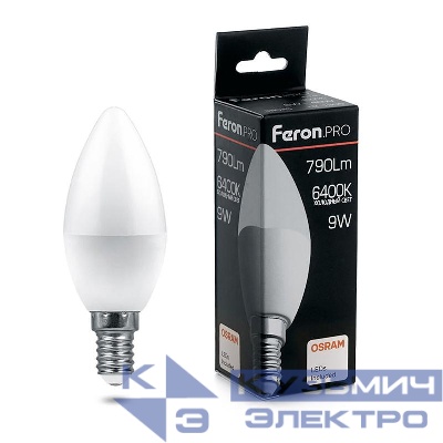 Лампа светодиодная LB-1309 9Вт C37 свеча 6400К E14 230В FERON 38061