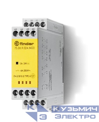 Реле безопасности модульное электромеханич. (реле с принудительным управлением контактами) 4NO+2NC 6А AgNi+Au 24В DC винт. клеммы 22.5мм IP54 FINDER 7S3690245420