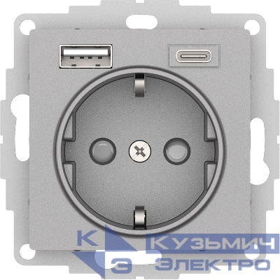 Розетка AtlasDesign 16А с 2-мя заряд. устройствами USB тип A+C 5В/2.4А 2х5В/1.2А механизм алюм. SE ATN000332