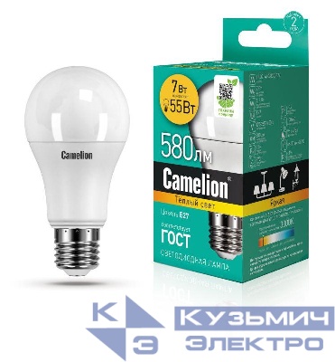 Лампа светодиодная LED7-A60/830/E27 7Вт грушевидная матовая 3000К тепл. бел. E27 580лм 170-265В Camelion 11253