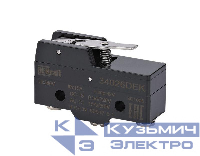 Выключатель концевой 1НО1НЗ миниатюрный шарнирн. типа с коротким рычагом DEKraft 34026DEK