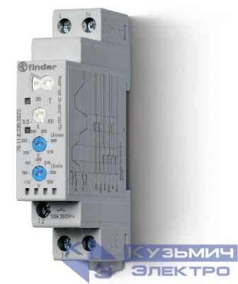 Реле контрольное для 1-фазных сетей пониженное/повышенное напряжение настраиваемые диапазоны выход 1CO 10А модул. шир. 17.5мм FINDER 701182302022