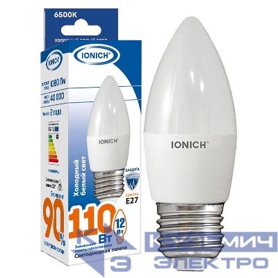 Лампа светодиодная C37 12Вт свеча 6500К E27 230В IONICH 1909