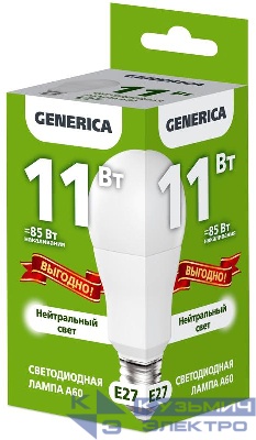 Лампа светодиодная A60 11Вт грушевидная 4000К E27 230В промо GENERICA LL-A60-11-230-40-E27-G
