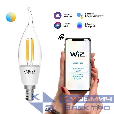 Лампа светодиодная умная Smart Home 4.5Вт свеча на ветру 2000-6500К E14 495лм измен. цветов. темпер.+ диммир. управление по Wi-Fi GAUSS 1280112