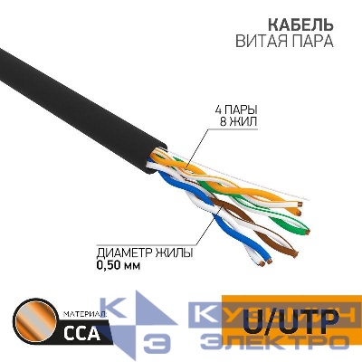 Кабель витая пара U/UTP кат.5E 4х2х24AWG омедненный наружн. прокладки черн. 305м (м) PROCONNECT 01-0045-3