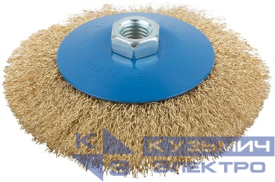 Корщетка тип "колесо" с наклоном гайка М14 стальная волнистая латунированная проволока 125мм MOS 38928М