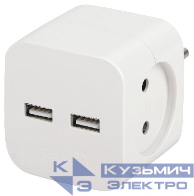 Разветвитель электрический SP-2-USB-W на 2 розетки 220В+ 2xUSB 2400мА без заземл 10А бел. Эра Б0049531