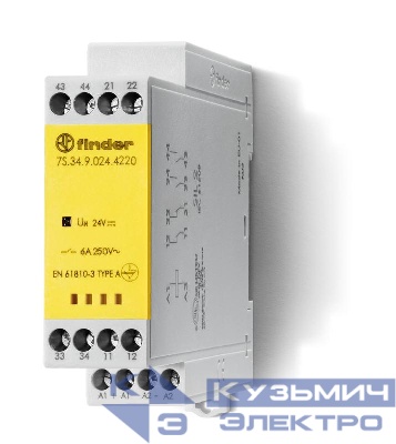 Реле безопасности модульное электромеханич. (реле с принудительным управлением контактами) 2NO+2NC 6А AgSnO2 24В DC винт. клеммы 22.5мм IP54 FINDER 7S3490244220