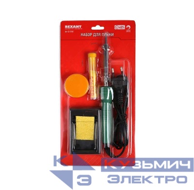 Набор для пайки №11 (паяльник 30Вт подставка губка для удаления припоя канифоль припой) Rexant 12-0165