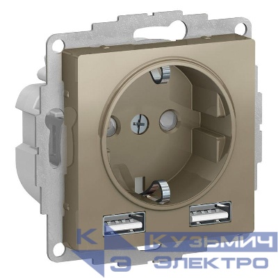 Розетка 1-м СП AtlasDesign 16А IP20 с 2-мя заряд. устройствами USB тип A+A 5В/2.4А 2х5В/1.2А механизм шампань SE ATN000530