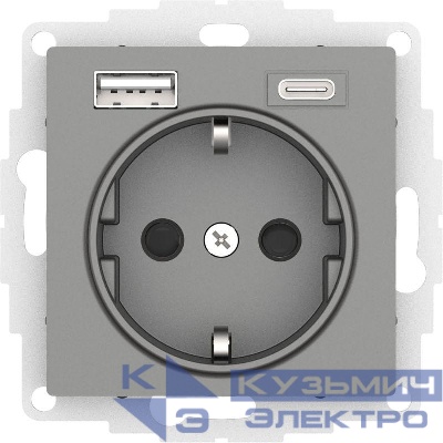 Розетка 1-м СП AtlasDesign 16А IP20 с 2-мя заряд. устройствами USB тип A+C механизм сталь SE ATN000932